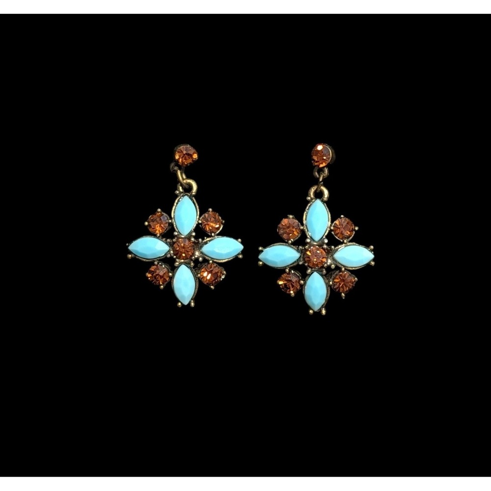 Vintage Style Turquoise Amber Rhinestone Starburst Drop Earrings Bronze Tone